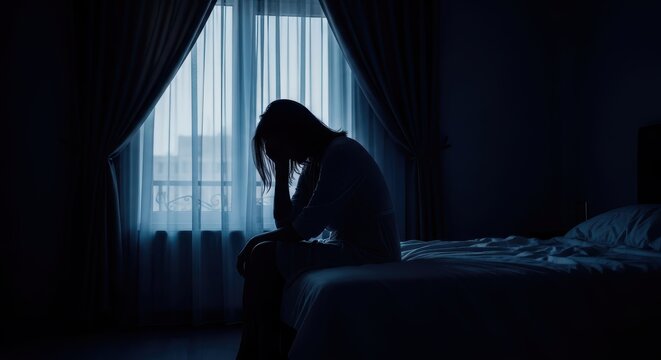 Silhouette of a sad woman sitting on the edge of her bed in a dark bedroom at night, depression and insomnia concept