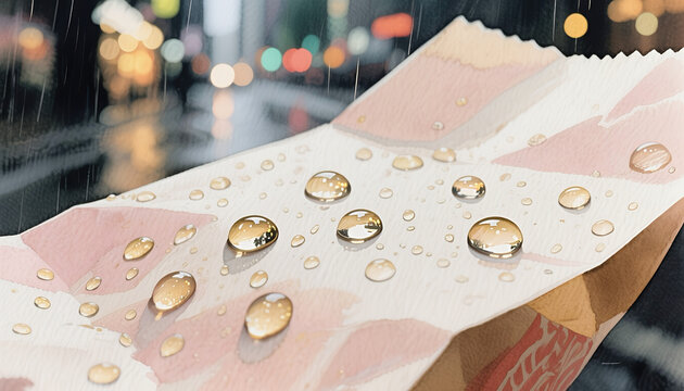 Wet paper food container with raindrops on city street  