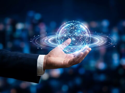 Human hand holding digital globe hologram technology.