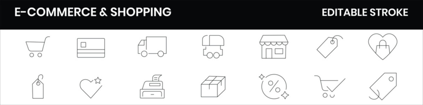 Minimal black and white e commerce shopping icon set vector template featuring clean outline symbols modern monoline editable stroke design