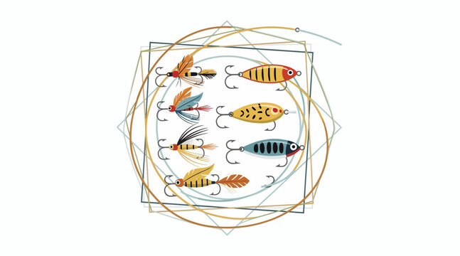 colorful fishing lures on geometric background