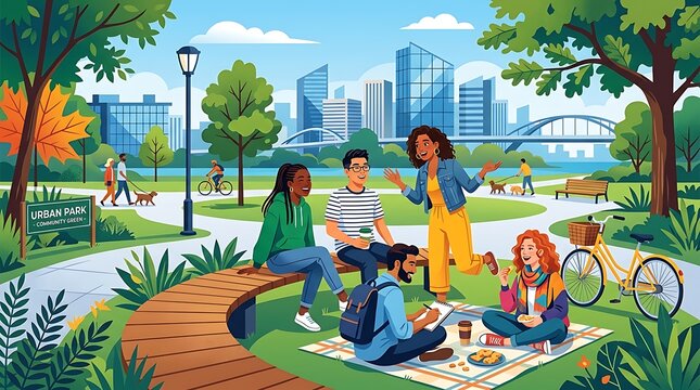 Diverse friends socializing and having picnic in urban park