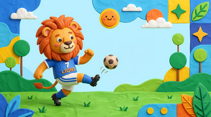 Fototapeta premium Cute 3D Clay Lion Character Playing Soccer in a Colorful Stylized Nature Park Landscape
