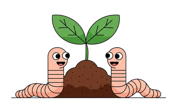 Two cartoon earthworms with a sprout in soil
