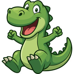 Fototapeta premium A cheerful green cartoon dinosaur appears excited and active in a playful scene.