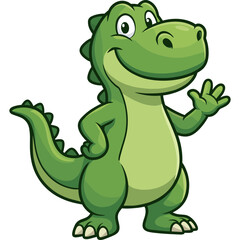 Fototapeta premium A smiling cartoon crocodile waves with one hand on a plain background