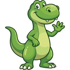 Fototapeta premium A cartoon green dinosaur waving its hand in a friendly manner indoors.
