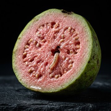 Ultra realistic macro photo of a fresh guava with a small natural hole and a tiny worm emerging, organic fruit concept, clean white background, soft diffused lighting, detailed interior texture, minim