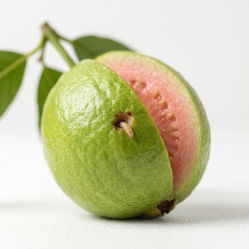 Ultra realistic macro photo of a fresh guava with a small natural hole and a tiny worm emerging, organic fruit concept, clean white background, soft diffused lighting, detailed interior texture, minim