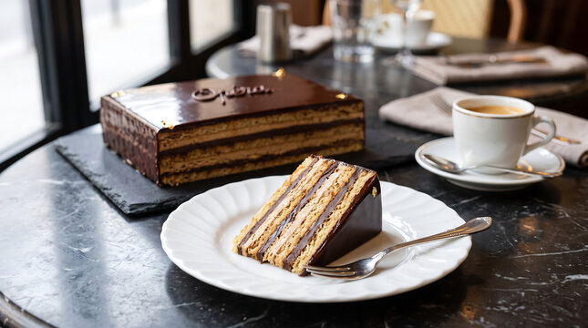 Elegant Chocolate Layered Opera Cake Slice Served With Coffee On A Caf&eacute; Table