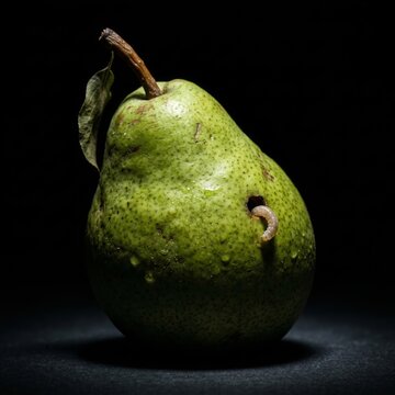 Ultra realistic macro photo of a fresh green pear with a small hole and a tiny worm peeking out, natural organic fruit concept, clean white background, soft studio lighting, high detail skin texture, 