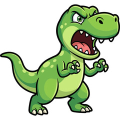 Fototapeta premium A green cartoon dinosaur roars aggressively outdoors in a threatening stance.