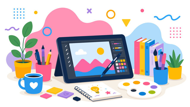 Creative workspace with tablet, paints, and stationery. Soft pastel shapes float around a digital design screen. Potted plants, cups, and brushes add cozy charm. Bright colors suggest inspiration