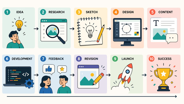 Creative process steps from idea to success. Lightbulb sparks inspiration for each phase. Developers code, feedback guides improvements. Launch with confidence, victory awaits
