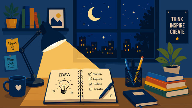 Night desk glows under focused lamp light. Idea notebook sits open, filled with creative prompts. Books, plants, and a moon-lit window frame the scene. Cups, pens, and sticky notes add lived-in charm