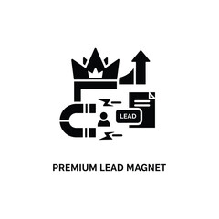Obraz premium Black and white representing a lead magnet, featuring a crown, an upward arrow, a magnet, and a document with the word lead, isolated on a white background, for business marketing concepts