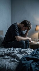 Fototapeta premium Man Sitting On Bed In Dark Room Feeling Sad And Alone