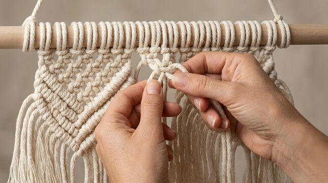 Closeup of hands crafting a handmade macrame wall hanging.