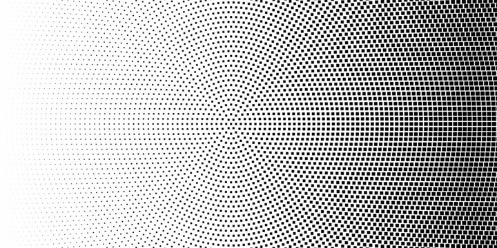 Halftone pixelated gradient background. Faded square particles texture. Dissolving grunge noise wallpaper. Black dots, speckles, pixels, specks wallpaper. Horizontal gritty vector