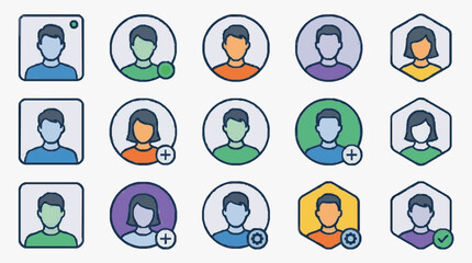 Fototapeta premium Dynamic Set of Illustrated Avatars with Colorful Shirts and Status Icons for User Profiles or Social Media