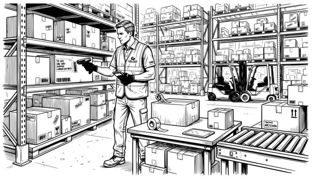 Warehouse worker using handheld scanner for package inventory management