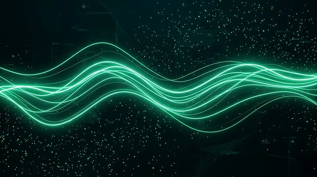Abstract glowing green wave lines flowing across a dark background with sparkling light particles