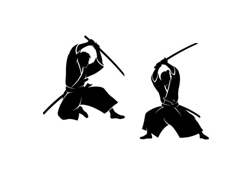 Silhouette of two figures sword fighting, dynamic action pose