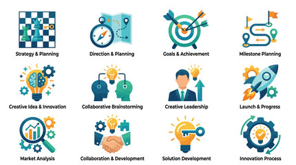 Fototapeta premium Dynamic Visual Guide to Strategic Planning Innovation and Business Development Process with Colorful Icons