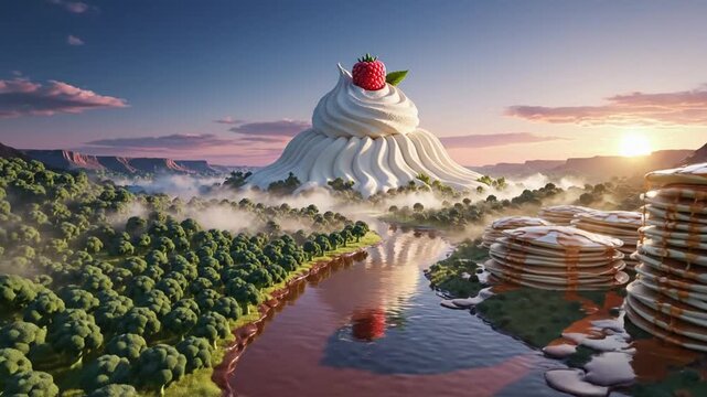 A giant dessert sits on a mountain with a red fruit on top near modern buildings and a winding river through a forested landscape at sunset.