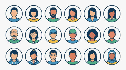 Fototapeta premium Dynamic Set of Diverse Illustrated Avatars Showcasing Various Hairstyles Beards Glasses and Attire in Flat Design
