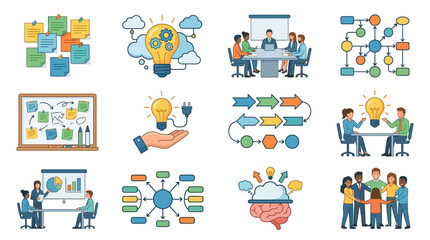 Fototapeta premium Corporate Brainstorming and Strategic Planning Visual Guide with Team Collaboration and Process Flow Diagrams