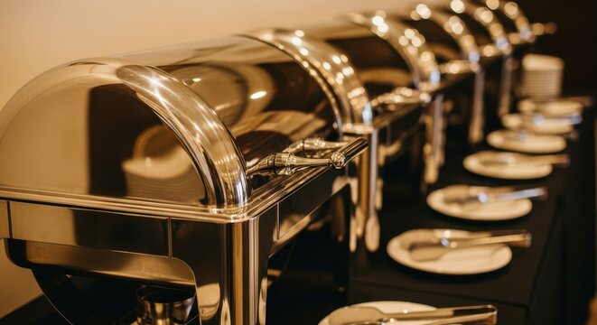 Professional Food Catering Setup with Elegant Silver Buffet Warmers and Serving Dishes at a Banquet Event