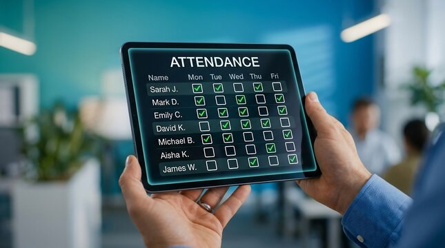 Digital attendance tracking app on tablet screen, employee presence management software, corporate HR time tracking system in modern office