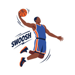 Athletic Basketball Player Dunking Toward Hoop in Blue Uniform Midair Sports Action Illustration © erick
