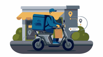 Fototapeta premium Delivery person on scooter with insulated bag in front of store