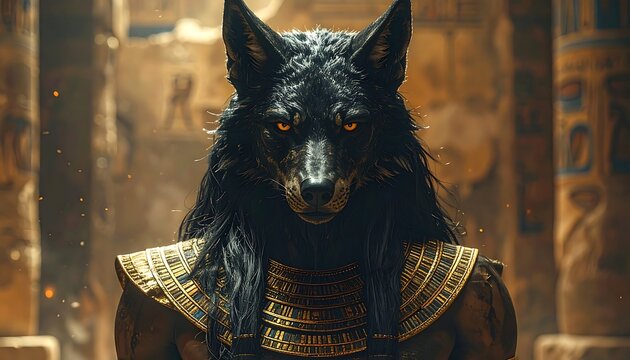 Mythical jackal headed deity in ancient egyptian attire front view