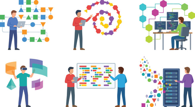 Business professionals collaborating on data flowcharts and algorithms representing teamwork and modern technology solutions for digital projects
