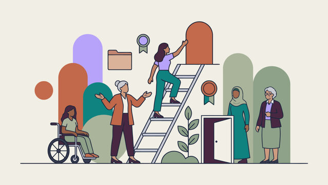Women with diverse abilities and backgrounds ascend in careers, symbolizing professional growth and inclusion