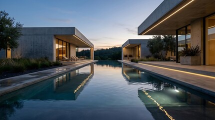 Fototapeta premium Modern Luxury Villa Architecture with Infinity Pool at Sunset Reflecting Contemporary Minimalist Design and Serene Outdoor Living Spaces