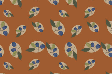 Fototapeta premium Bohemian block print blueberry leaf seamless pattern for gourmet tea packaging