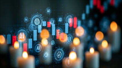 Fototapeta premium A digital illustration of a rising stock chart intertwined with AI-related icons, symbolizing the growing influence of AI in financial markets. The image is minimalistic with plenty of copy space,