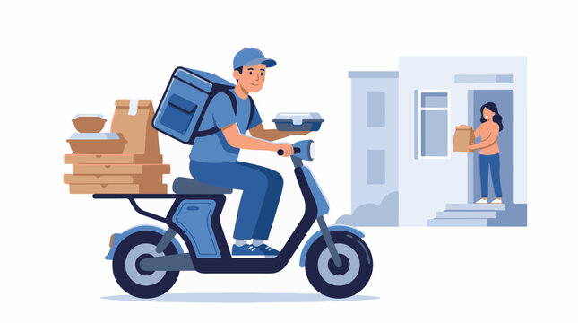 Delivery person on scooter bringing food order to a customer