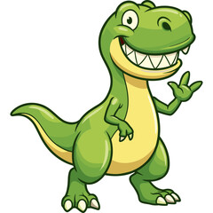 Fototapeta premium A cartoon dinosaur waves happily on a white background with its green scaly body and sharp teeth.