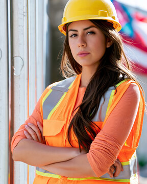 Female construction worker wearing yellow hard hat and orange safety vest stands confidently with arms crossed at a construction site. Labor Day USA 
