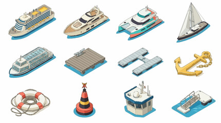 Colorful Isometric Collection of Ships and Maritime Symbols. © Kota