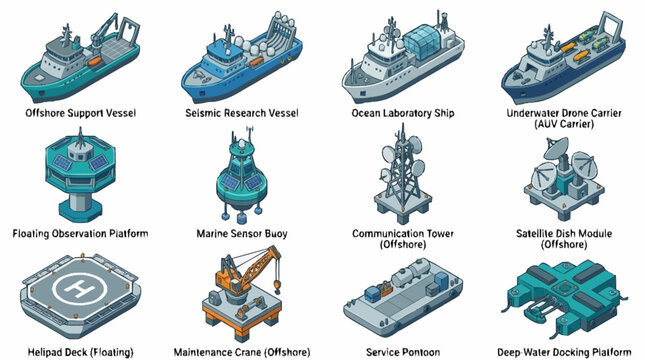 Collection of Various Maritime and Industrial Vessels and Structures.