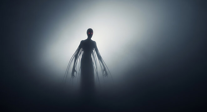 Dark shadowy entity with glowing red eyes and long thin appendages stands ominously in the thick swirling grey fog atmosphere