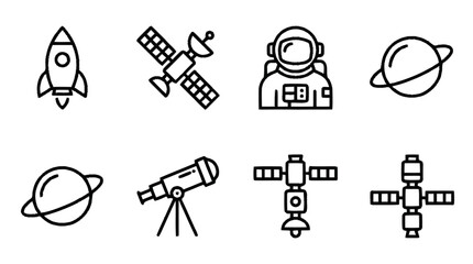 Astronaut in space with various satellites, planets, and a telescope on a mission. © dindha