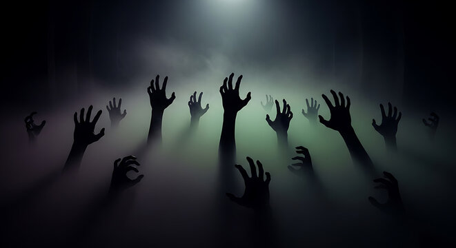 Many dark human hands reaching upward through thick green mist in a terrifying scene of supernatural horror and spooky mystery