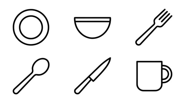 A set of kitchen utensils and dishware on a table includes plate, bowl, fork, spoon, knife, and cup.